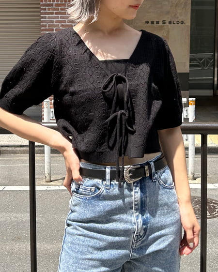 【セットアイテム】パターンメッシュフロントリボンニットカーデ＋キャミアンサンブル（ＯＵＴＬＥＴ）