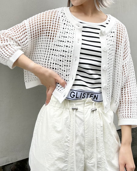 INGNI(イング) 2WAYショート丈メッシュ柄ニットカーディガン オフホワイト