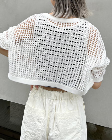 INGNI(イング) 2WAYショート丈メッシュ柄ニットカーディガン オフホワイト