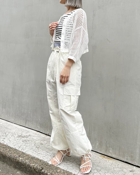 INGNI(イング) 2WAYショート丈メッシュ柄ニットカーディガン オフホワイト