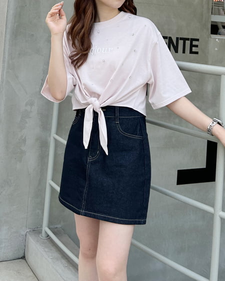 INGNI(イング) 裾結びラインストーン付ロゴTシャツ ライトピンク