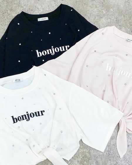 INGNI(イング) 裾結びラインストーン付ロゴTシャツ オフホワイト