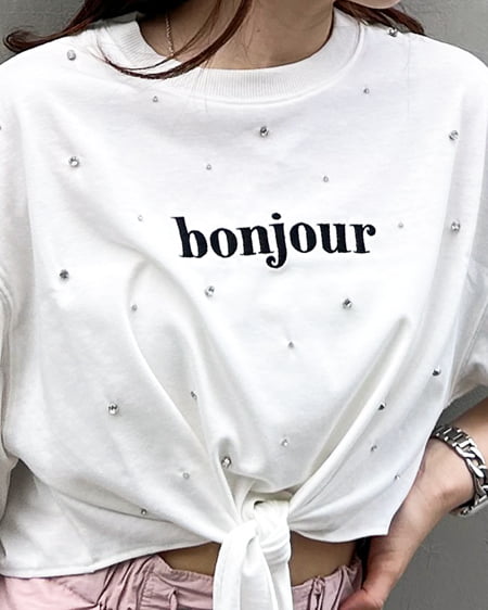 INGNI(イング) 裾結びラインストーン付ロゴTシャツ オフホワイト