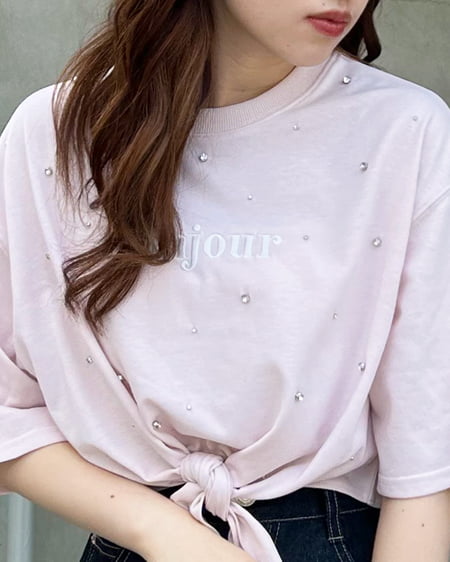 INGNI(イング) 裾結びラインストーン付ロゴTシャツ ライトピンク