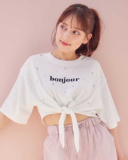 INGNI(イング) 裾結びラインストーン付ロゴTシャツ オフホワイト