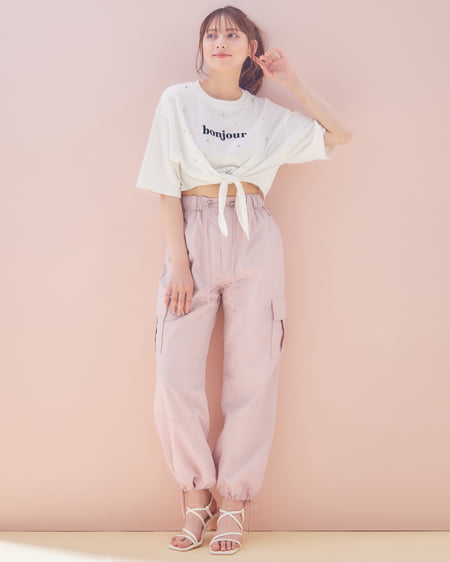 INGNI(イング) 裾結びラインストーン付ロゴTシャツ オフホワイト