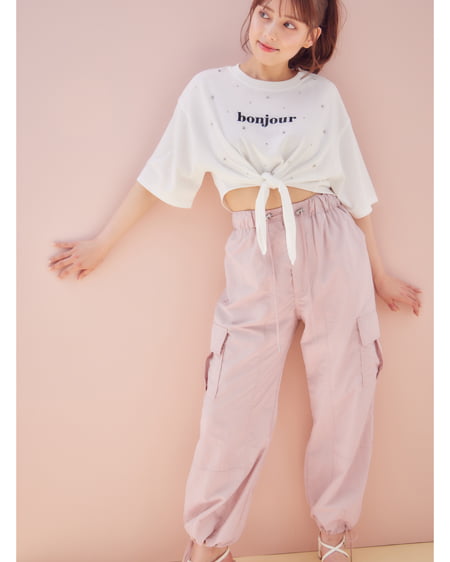 INGNI(イング) 裾結びラインストーン付ロゴTシャツ オフホワイト