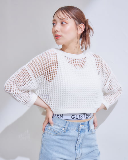 INGNI(イング) 2WAYショート丈メッシュ柄ニットカーディガン オフホワイト