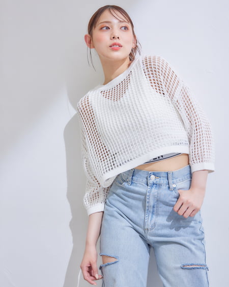 INGNI(イング) 2WAYショート丈メッシュ柄ニットカーディガン オフホワイト