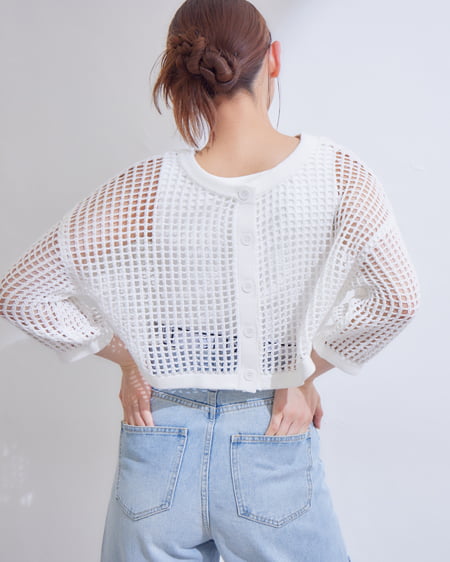 INGNI(イング) 2WAYショート丈メッシュ柄ニットカーディガン オフホワイト