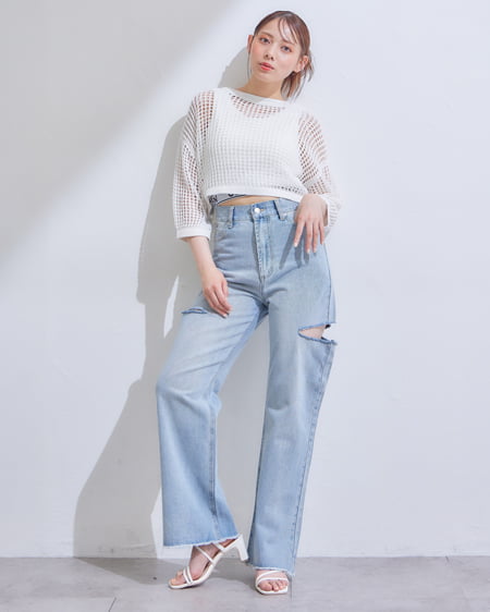 INGNI(イング) 2WAYショート丈メッシュ柄ニットカーディガン オフホワイト