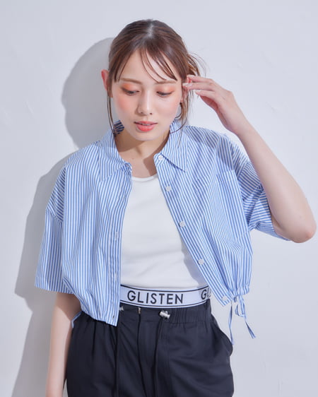 INGNI(イング) サイドドロストショート半袖シャツ ｵﾌﾌﾞﾙｰ/ｽﾄﾗｲﾌﾟ