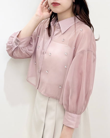 INGNI(イング) 装飾付ラメシアーショート7分袖シャツ ﾋﾟﾝｸ