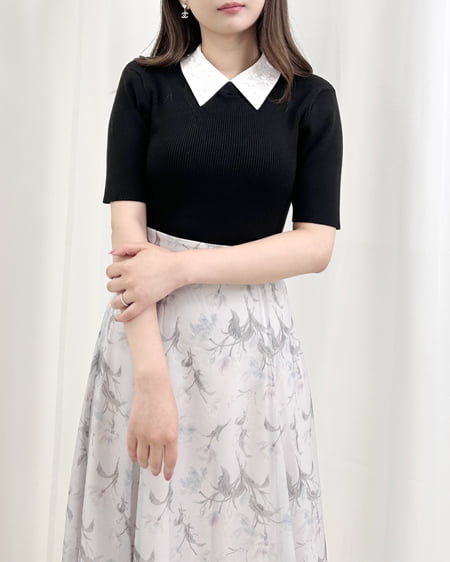 INGNI（イング） 花柄装飾襟付き半袖ニット ｸﾛ