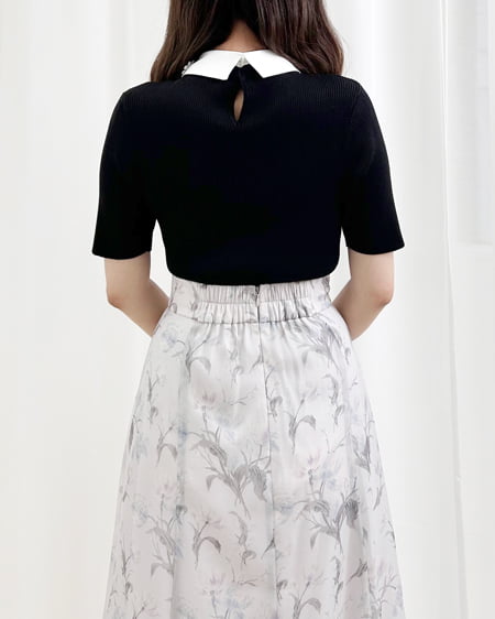 INGNI（イング） 花柄装飾襟付き半袖ニット ｸﾛ