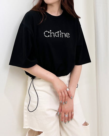 INGNI（イング） 裾ドロストパールビジューロゴTシャツ ｸﾛ