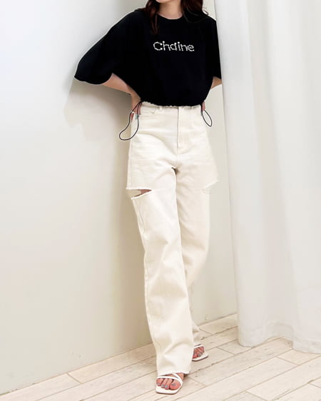 INGNI（イング） 裾ドロストパールビジューロゴTシャツ ｸﾛ