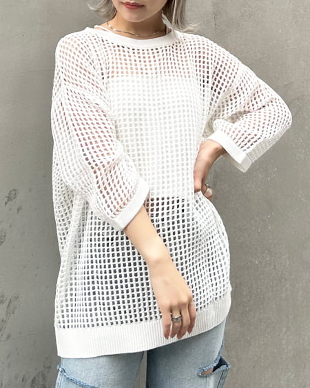 INGNI（イング） ロング丈7分袖メッシュニット ｵﾌﾎﾜｲﾄ