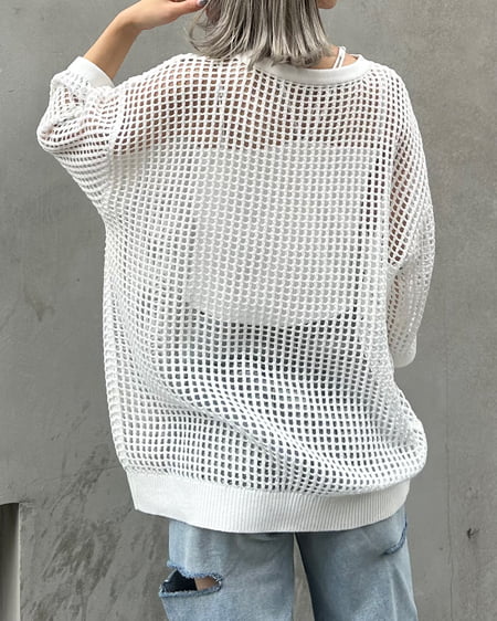 INGNI（イング） ロング丈7分袖メッシュニット ｵﾌﾎﾜｲﾄ