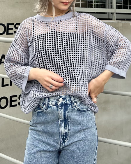 INGNI(イング) ロング丈7分袖メッシュニット ﾌﾞﾙｰ