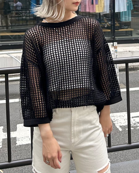 INGNI(イング) ロング丈7分袖メッシュニット ｸﾛ