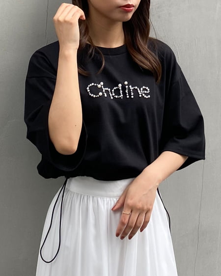 INGNI(イング) 裾ドロストパールビジューロゴTシャツ ｸﾛ