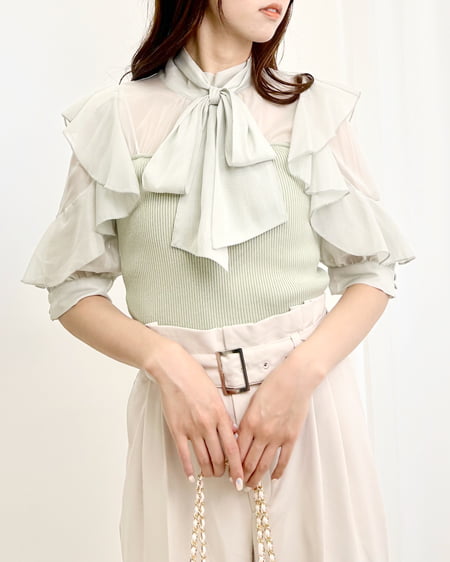 INGNI(イング) 袖フリルボウタイブラウス/ドッキングニット ミントグリーン