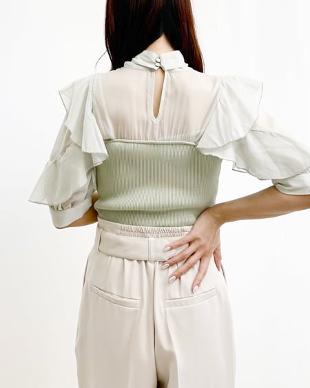 INGNI(イング) 袖フリルボウタイブラウス/ドッキングニット ミントグリーン