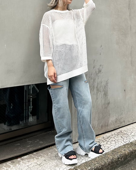 INGNI（イング） ロング丈7分袖メッシュニット ｵﾌﾎﾜｲﾄ