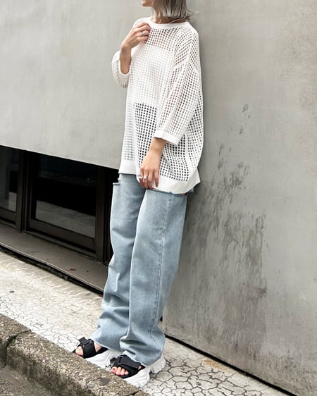 INGNI（イング） ロング丈7分袖メッシュニット ｵﾌﾎﾜｲﾄ
