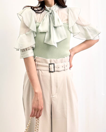 INGNI(イング) 袖フリルボウタイブラウス/ドッキングニット ミントグリーン