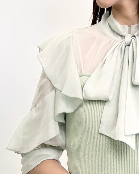 INGNI(イング) 袖フリルボウタイブラウス/ドッキングニット ミントグリーン
