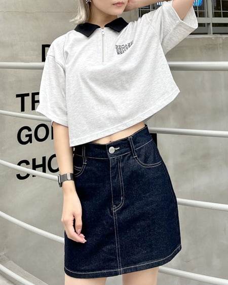 INGNI(イング) ハーフZIP襟配色胸ロゴショート丈Tシャツ オートミール