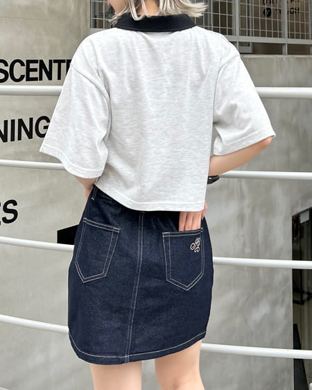 INGNI(イング) ハーフZIP襟配色胸ロゴショート丈Tシャツ オートミール