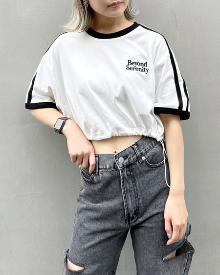 INGNI（イング） 裾ドロスト胸ロゴ袖ラインリンガーTシャツ ｵﾌﾎﾜｲﾄ