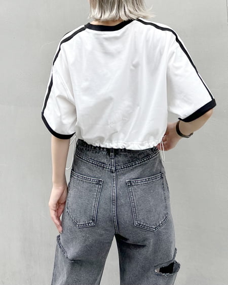 INGNI（イング） 裾ドロスト胸ロゴ袖ラインリンガーTシャツ ｵﾌﾎﾜｲﾄ