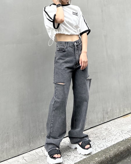 INGNI（イング） 裾ドロスト胸ロゴ袖ラインリンガーTシャツ ｵﾌﾎﾜｲﾄ