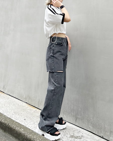INGNI（イング） 裾ドロスト胸ロゴ袖ラインリンガーTシャツ ｵﾌﾎﾜｲﾄ