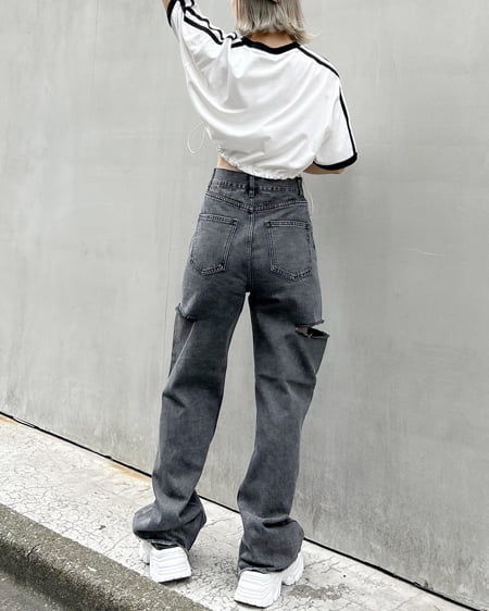 INGNI（イング） 裾ドロスト胸ロゴ袖ラインリンガーTシャツ ｵﾌﾎﾜｲﾄ