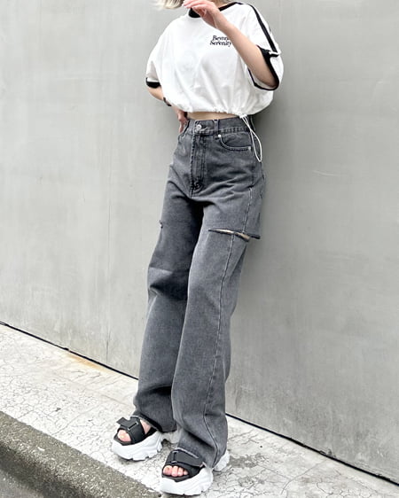 INGNI（イング） 裾ドロスト胸ロゴ袖ラインリンガーTシャツ ｵﾌﾎﾜｲﾄ