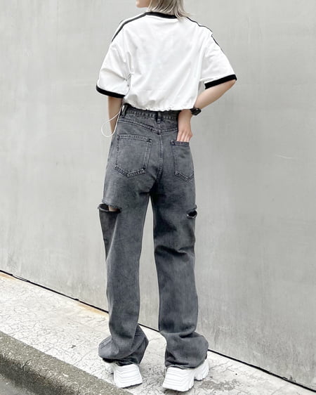 INGNI（イング） 裾ドロスト胸ロゴ袖ラインリンガーTシャツ ｵﾌﾎﾜｲﾄ