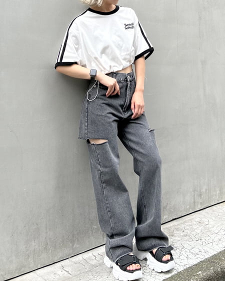 INGNI（イング） 裾ドロスト胸ロゴ袖ラインリンガーTシャツ ｵﾌﾎﾜｲﾄ