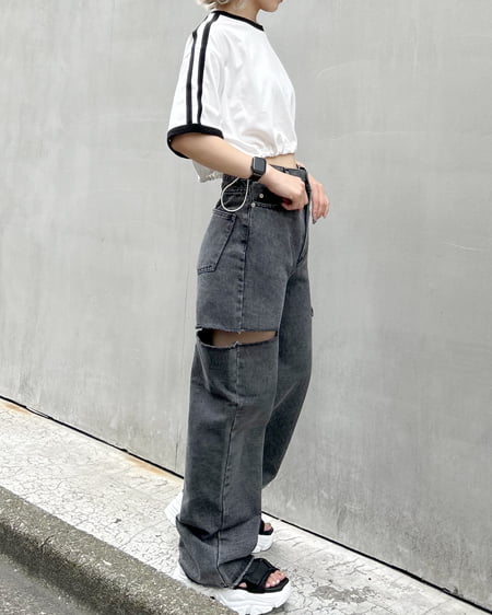 INGNI（イング） 裾ドロスト胸ロゴ袖ラインリンガーTシャツ ｵﾌﾎﾜｲﾄ