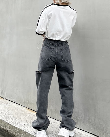 INGNI（イング） 裾ドロスト胸ロゴ袖ラインリンガーTシャツ ｵﾌﾎﾜｲﾄ