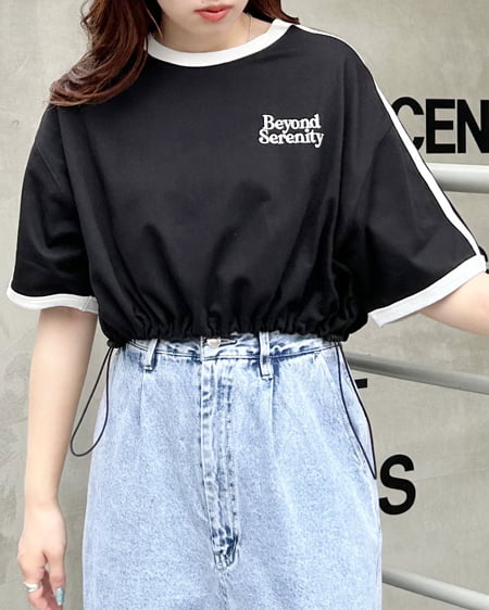 INGNI(イング) 裾ドロスト胸ロゴ袖ラインリンガーTシャツ ｸﾛ