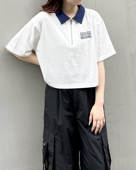INGNI（イング） ハーフZIP襟配色胸ロゴショート丈Tシャツ ｵﾌﾎﾜｲﾄ