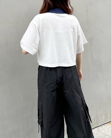INGNI（イング） ハーフZIP襟配色胸ロゴショート丈Tシャツ ｵﾌﾎﾜｲﾄ
