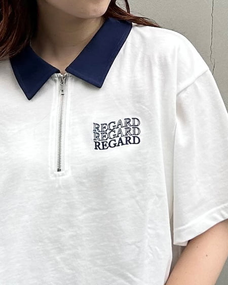 INGNI（イング） ハーフZIP襟配色胸ロゴショート丈Tシャツ ｵﾌﾎﾜｲﾄ