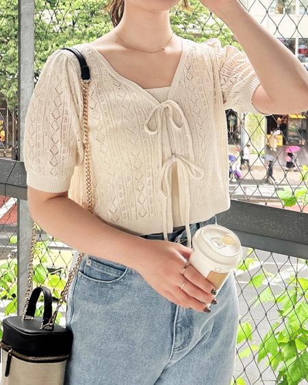 【セットアイテム】パターンメッシュフロントリボンニットカーデ＋キャミアンサンブル（ＯＵＴＬＥＴ）