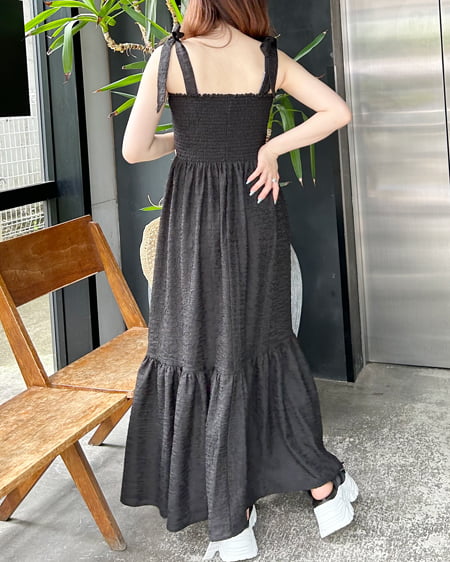 INGNI(イング) 肩リボンぽこぽこシャーリングワンピース クロ